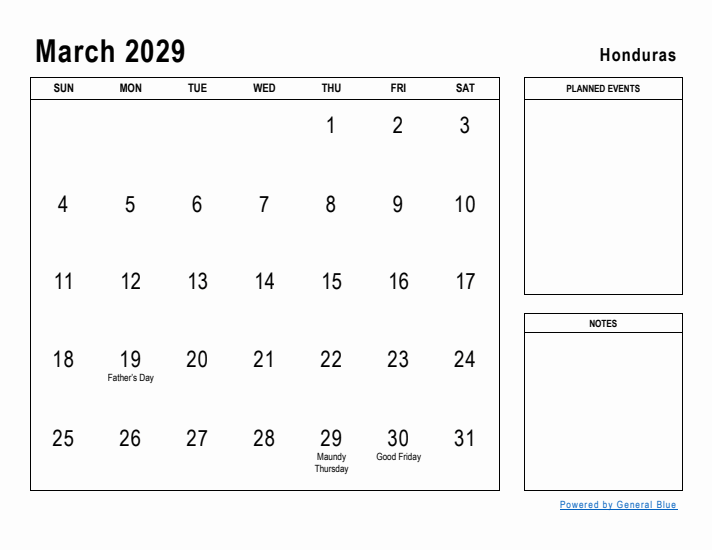 March 2029 Printable Monthly Calendar with Honduras Holidays