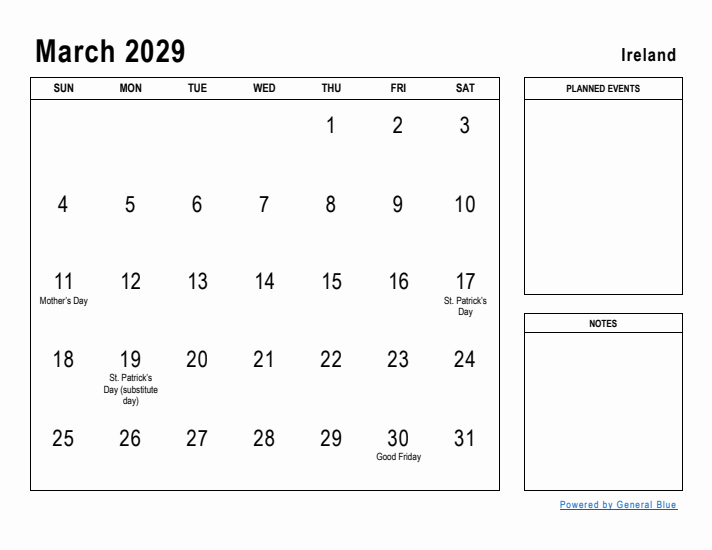 March 2029 Printable Monthly Calendar with Ireland Holidays