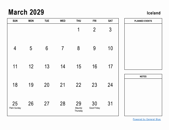 March 2029 Printable Monthly Calendar with Iceland Holidays