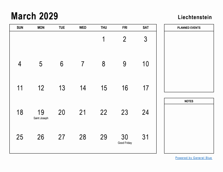 March 2029 Printable Monthly Calendar with Liechtenstein Holidays