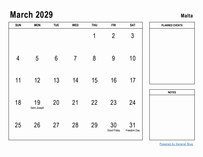 March 2029 Printable Monthly Calendar with Malta Holidays