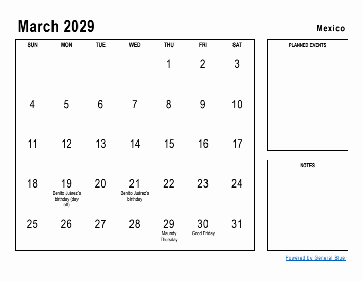 March 2029 Printable Monthly Calendar with Mexico Holidays