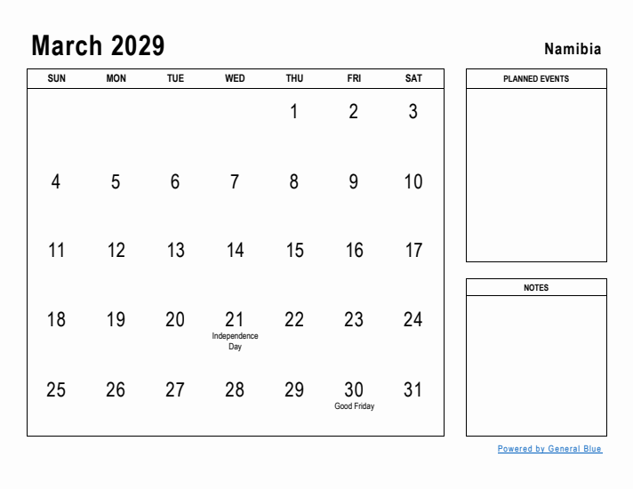 March 2029 Printable Monthly Calendar with Namibia Holidays