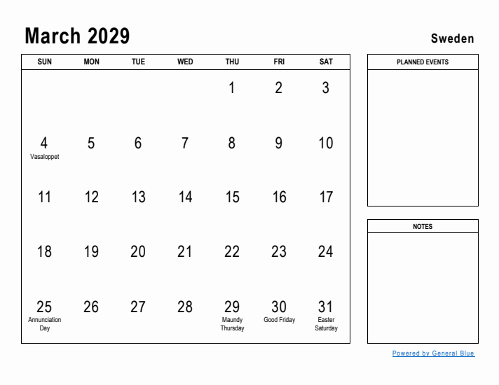 March 2029 Printable Monthly Calendar with Sweden Holidays