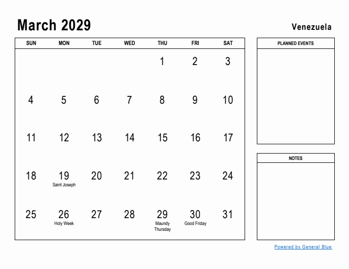 March 2029 Printable Monthly Calendar with Venezuela Holidays