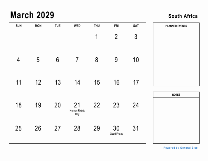 March 2029 Printable Monthly Calendar with South Africa Holidays