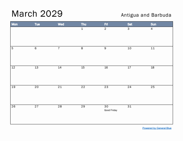 March 2029 Simple Monthly Calendar for Antigua and Barbuda