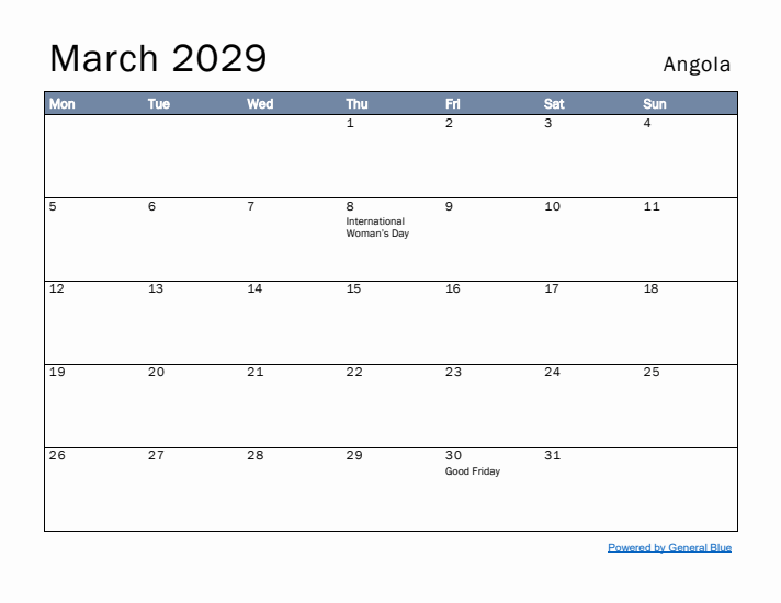 March 2029 Simple Monthly Calendar for Angola