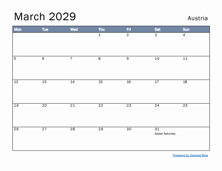 March 2029 Simple Monthly Calendar for Austria