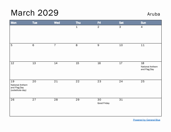 March 2029 Simple Monthly Calendar for Aruba