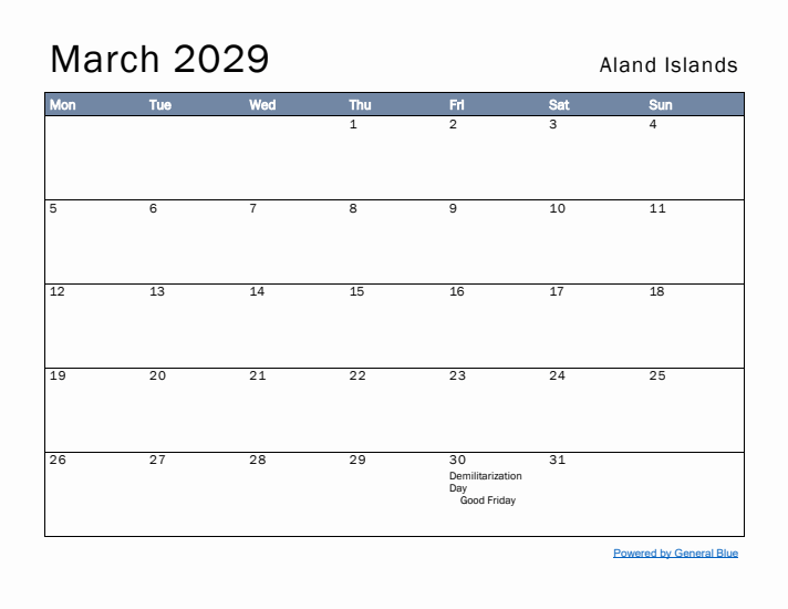 March 2029 Simple Monthly Calendar for Aland Islands