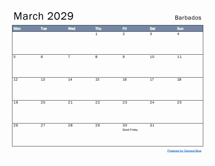 March 2029 Simple Monthly Calendar for Barbados