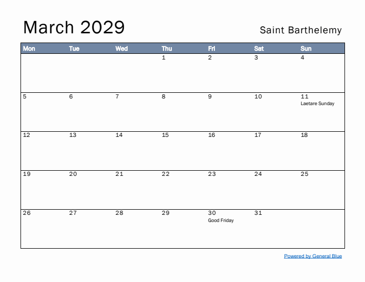 March 2029 Simple Monthly Calendar for Saint Barthelemy