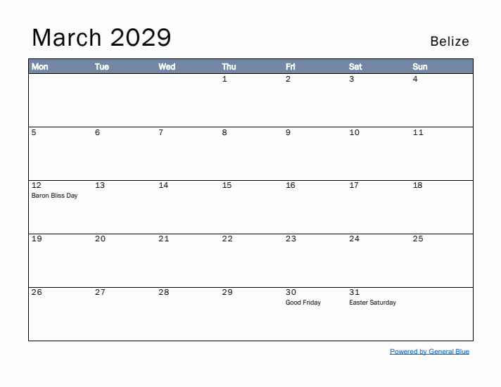 March 2029 Simple Monthly Calendar for Belize