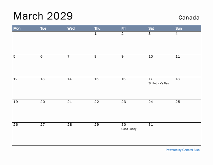 March 2029 Simple Monthly Calendar for Canada