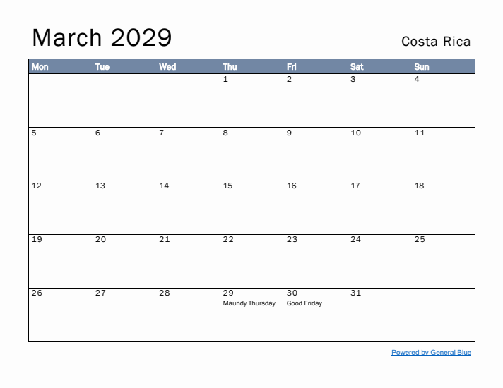 March 2029 Simple Monthly Calendar for Costa Rica