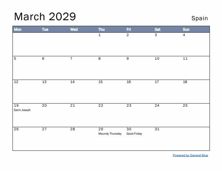 March 2029 Simple Monthly Calendar for Spain