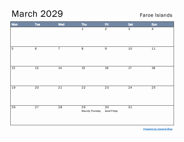 March 2029 Simple Monthly Calendar for Faroe Islands