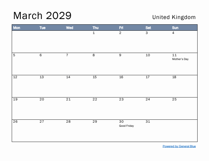 March 2029 Simple Monthly Calendar for United Kingdom