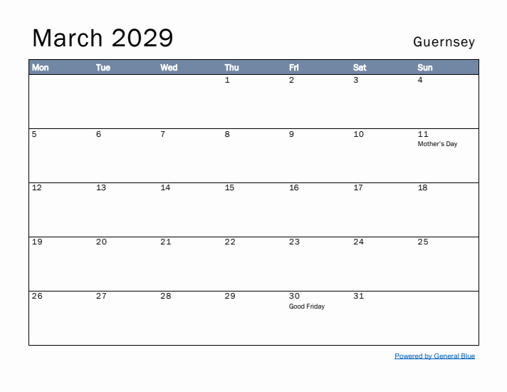 March 2029 Simple Monthly Calendar for Guernsey