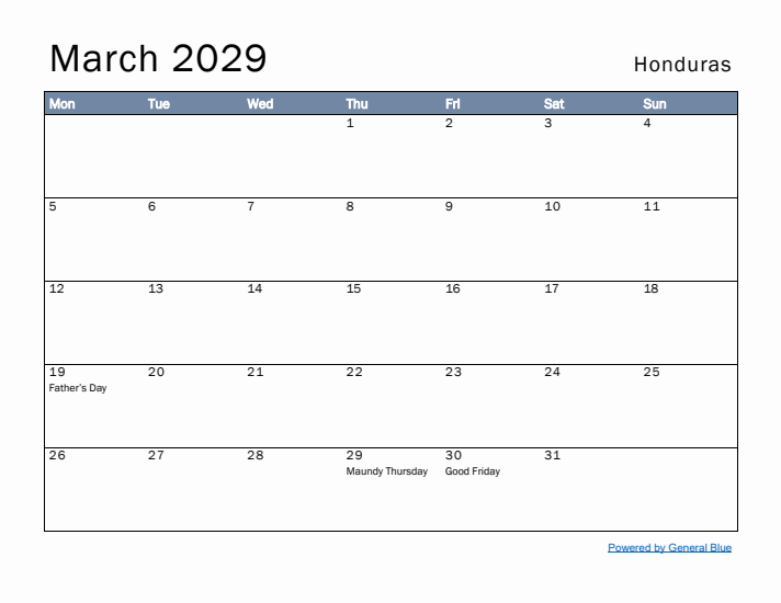 March 2029 Simple Monthly Calendar for Honduras