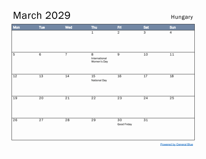 March 2029 Simple Monthly Calendar for Hungary