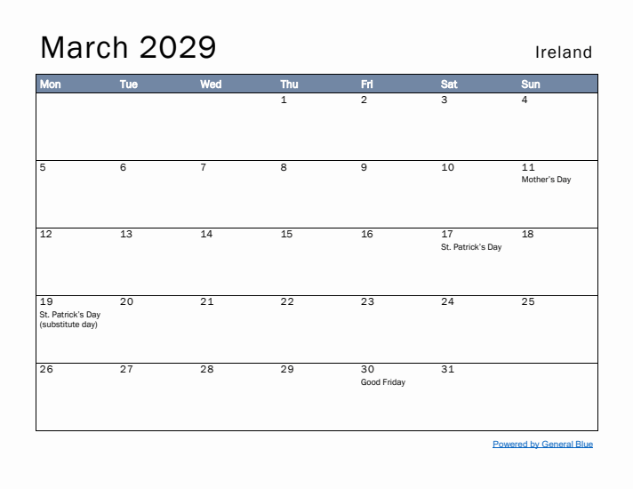 March 2029 Simple Monthly Calendar for Ireland