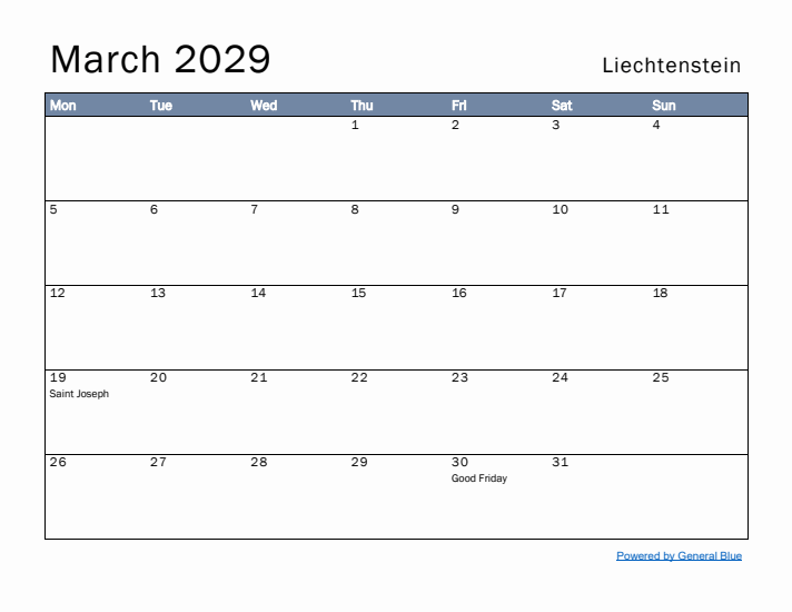 March 2029 Simple Monthly Calendar for Liechtenstein