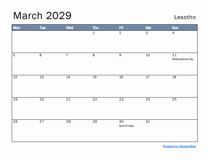 March 2029 Simple Monthly Calendar for Lesotho