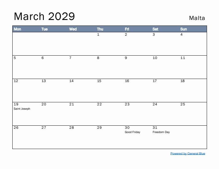 March 2029 Simple Monthly Calendar for Malta