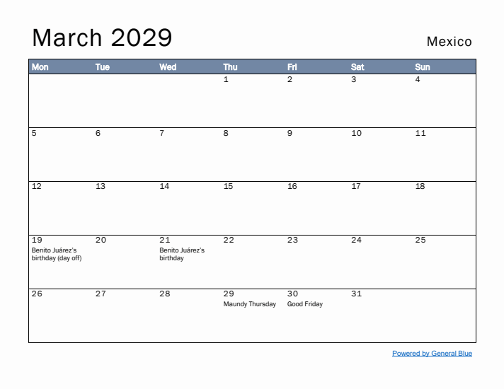 March 2029 Simple Monthly Calendar for Mexico