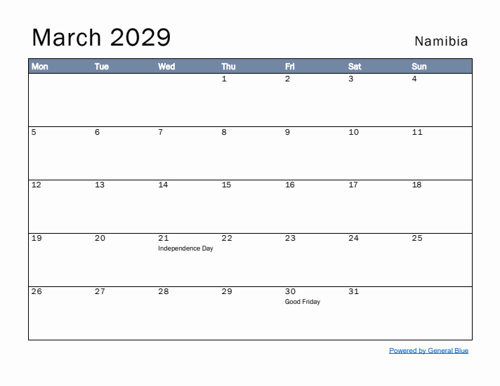 March 2029 Simple Monthly Calendar for Namibia