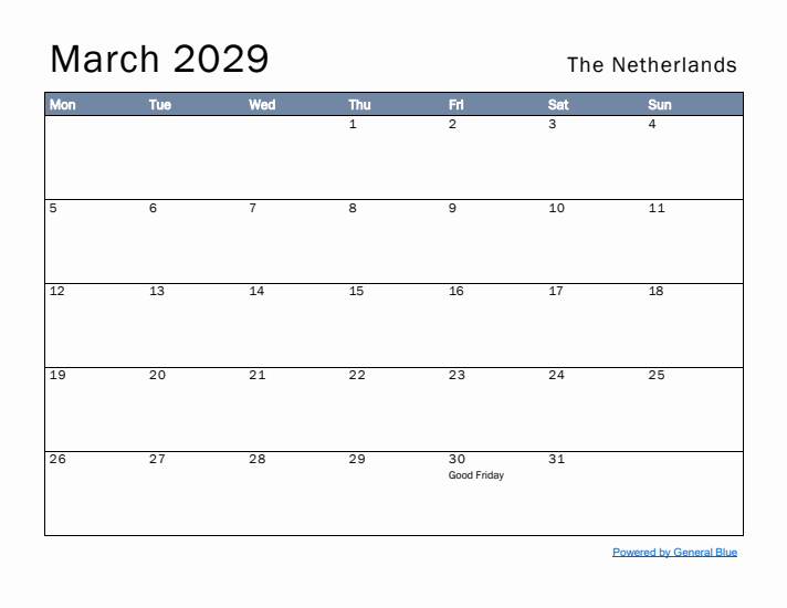 March 2029 Simple Monthly Calendar for The Netherlands