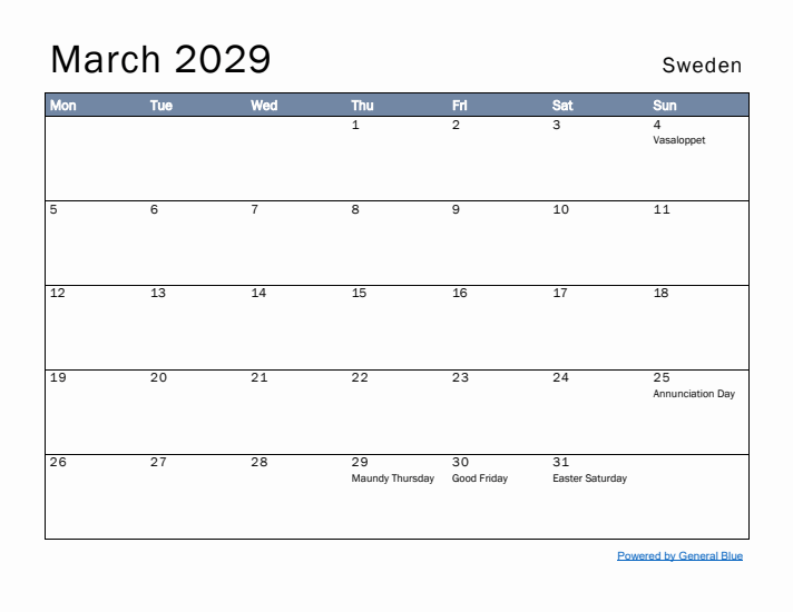 March 2029 Simple Monthly Calendar for Sweden