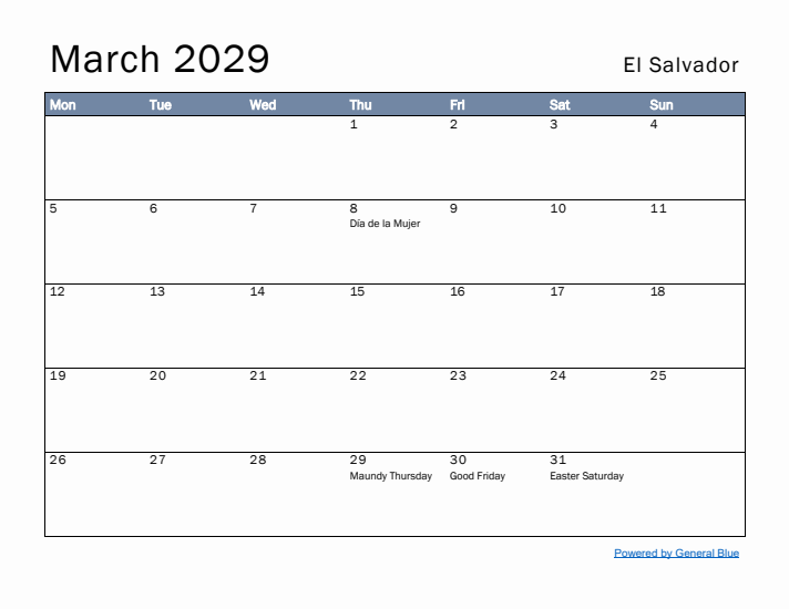 March 2029 Simple Monthly Calendar for El Salvador