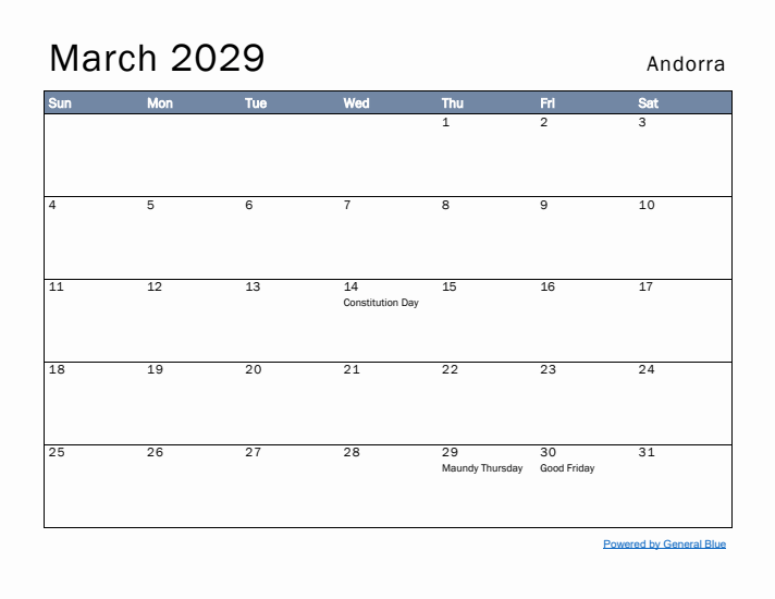 March 2029 Simple Monthly Calendar for Andorra