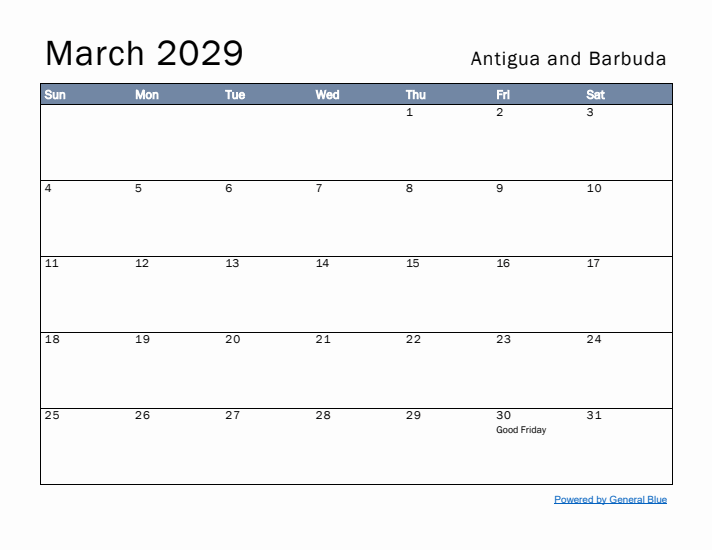 March 2029 Simple Monthly Calendar for Antigua and Barbuda