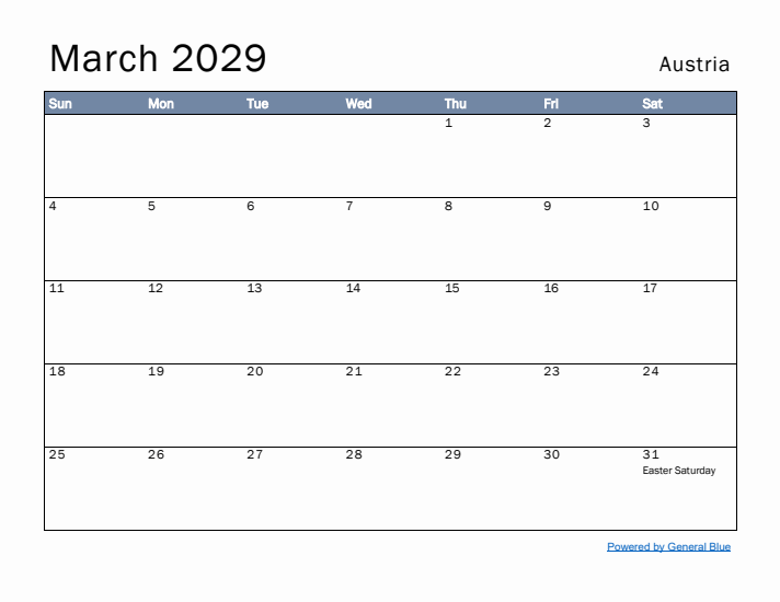 March 2029 Simple Monthly Calendar for Austria