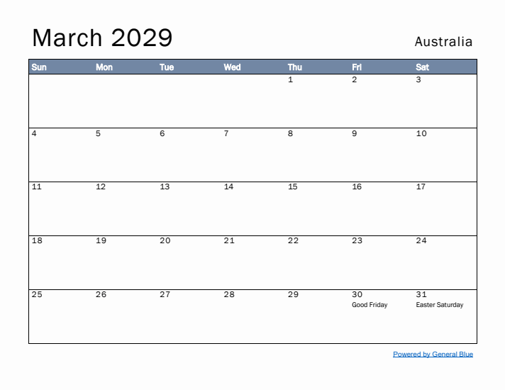 March 2029 Simple Monthly Calendar for Australia