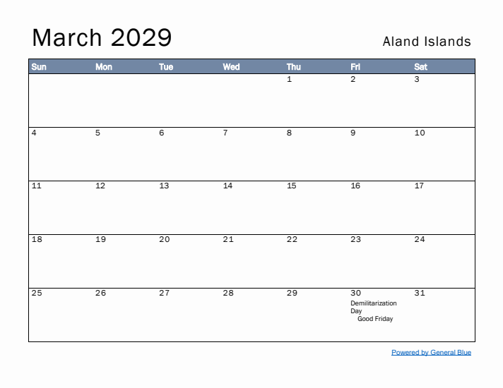 March 2029 Simple Monthly Calendar for Aland Islands