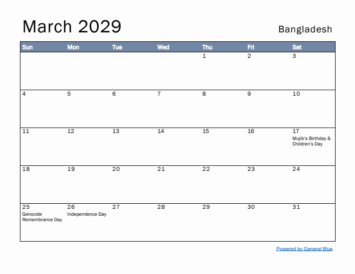 March 2029 Simple Monthly Calendar for Bangladesh