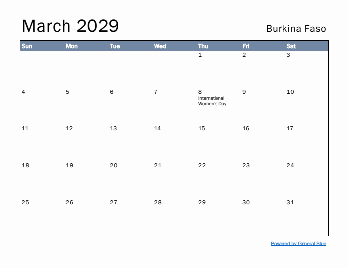 March 2029 Simple Monthly Calendar for Burkina Faso