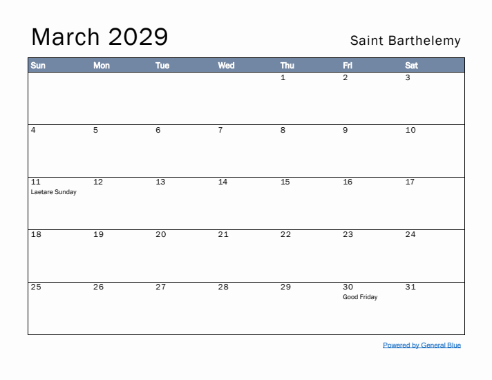 March 2029 Simple Monthly Calendar for Saint Barthelemy