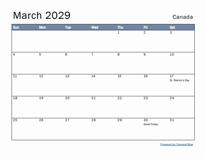 March 2029 Simple Monthly Calendar for Canada