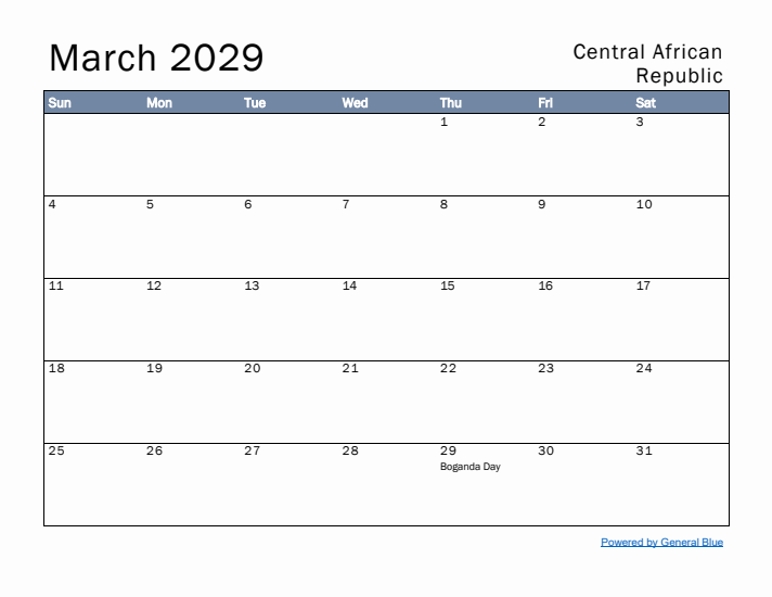 March 2029 Simple Monthly Calendar for Central African Republic