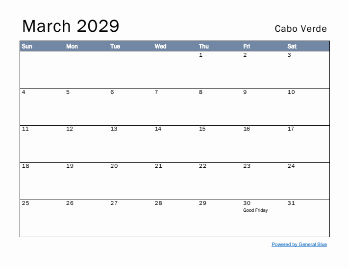 March 2029 Simple Monthly Calendar for Cabo Verde