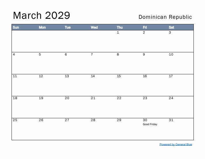 March 2029 Simple Monthly Calendar for Dominican Republic