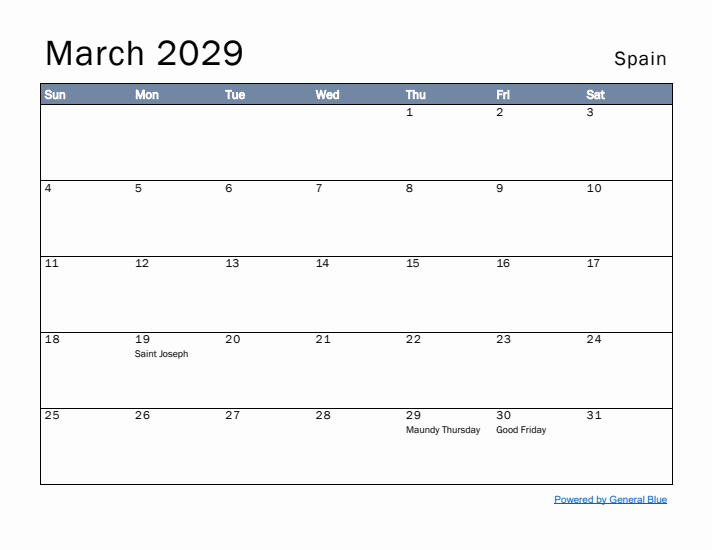 March 2029 Simple Monthly Calendar for Spain