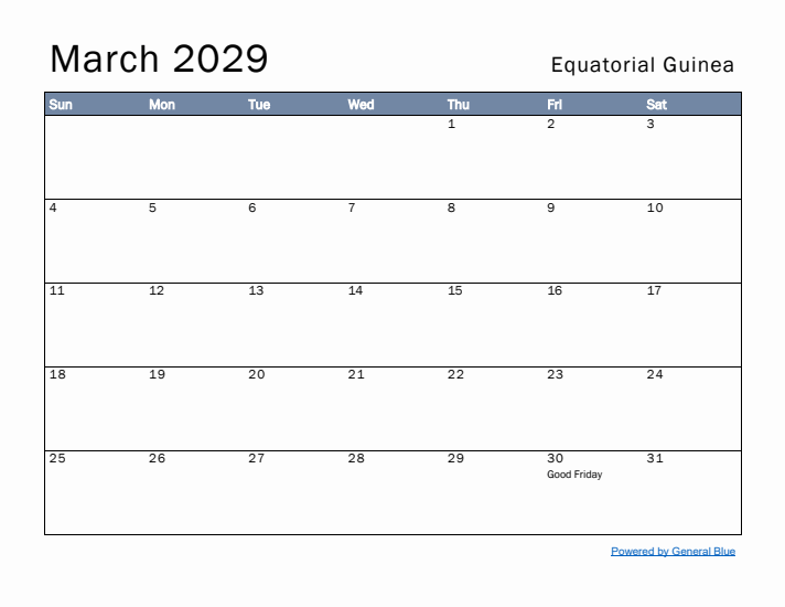 March 2029 Simple Monthly Calendar for Equatorial Guinea