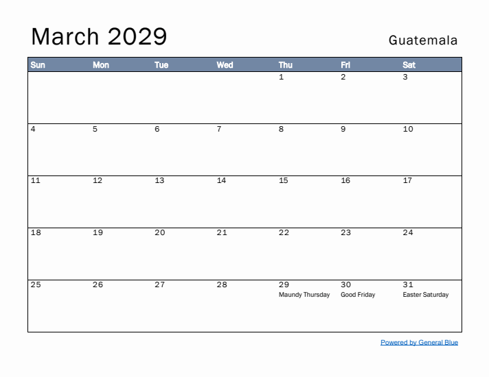 March 2029 Simple Monthly Calendar for Guatemala